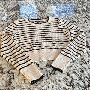 Express Women's Open Knit, Cropped, Striped Crew Neck Sweater